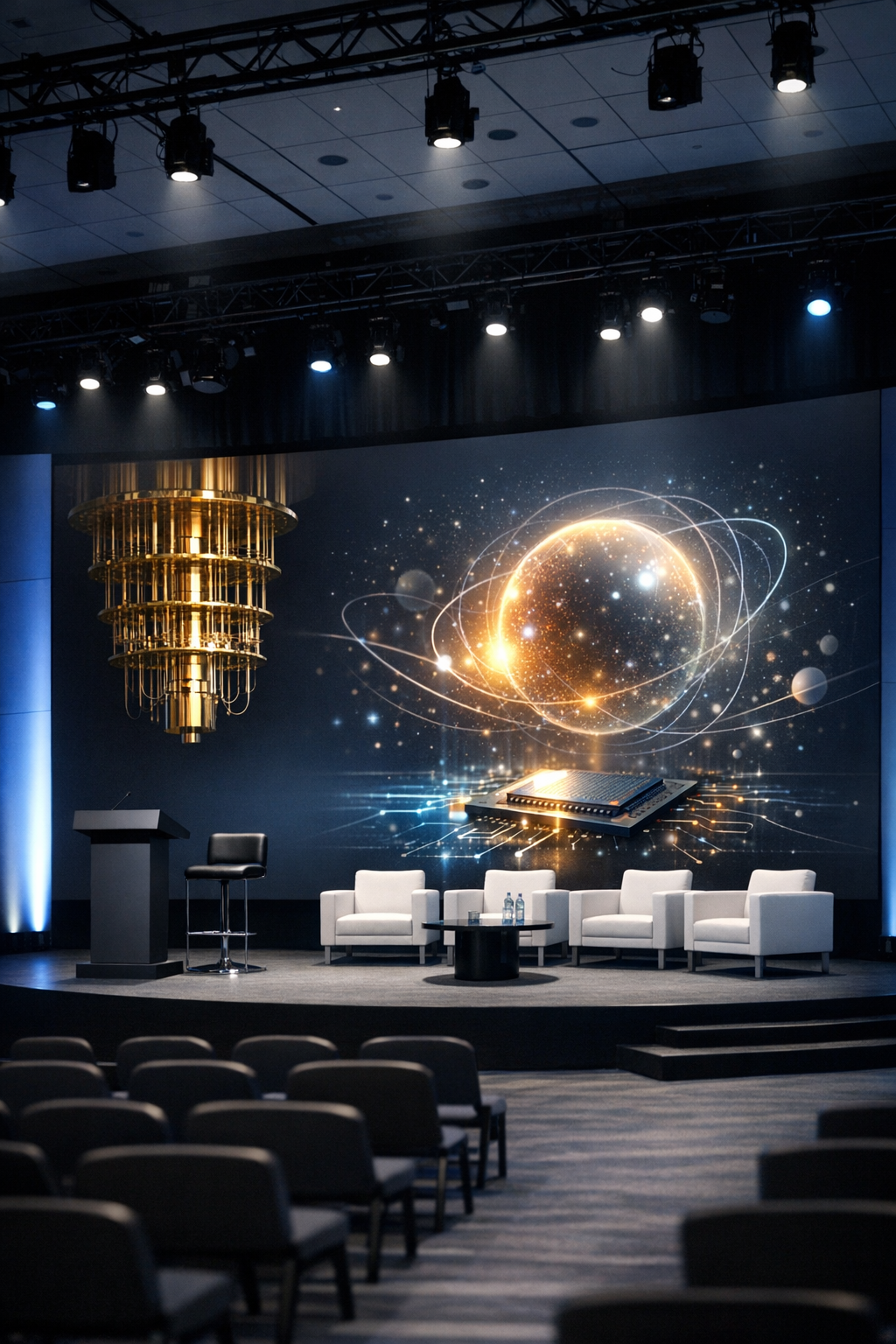 Modern quantum computing conference stage with clean lighting and professional presentation setup No visible text no words no letters Modern quantum computing conference stage with clean lighting and professional presentation setup No visible text no words no letters